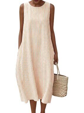 Women Dress Maxi Brown Striped Crew Neck Short Sleeve Vacation Casual Summer